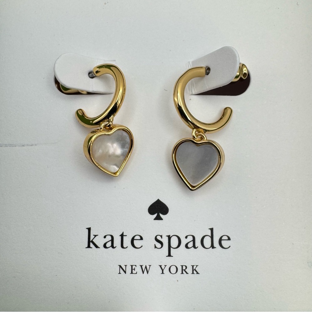 Kate Spade Gold Tone Heart Drop Hoop Earrings New In Box
